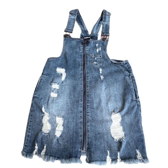 Dollhouse Mini Denim Distressed Overall Dress Blue Size 7 - Picture 9 of 9